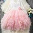 Tüllszoknyás rózsaszín-fehér csipkeruha, koszorúslányruha, fotózásra alkalmi ruha 3-5 éves