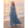 Acélkék színű pliszírozott chiffon alkalmi ruha, koszorúslány ruha 9-10 éves