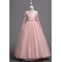 Hosszú csipkeujjas köves rózsaszín koszorúslány ruha, hosszúujjú alkalmi ruha 5-14 éves korig