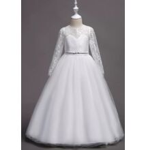 Hosszú csipkeujjas köves fehér koszorúslány ruha, hosszúujjú alkalmi ruha, elsőáldozó ruha 4-14 éves korig