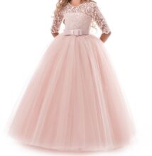 Csipkeujjas rózsaszín hosszúujjú alkalmi ruha, kislány koszorúslányruha 3-14 éves korig