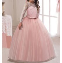 Csipkeujjas rózsaszín koszorúslány ruha, alkalmi ruha  4-14 éves korig