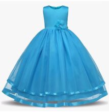 Kék szatén tüllös kislány alkalmi ruha, koszorúslány ruha 3-10 éves korig