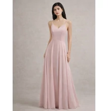 Női rózsaszín-mályva spagettipántos chiffon maxi ruha koszorúslány ruha, parti ruha, estélyi ruha 