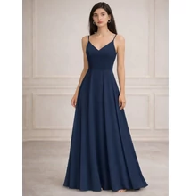 Női sötétkék spagettipántos chiffon maxi ruha koszorúslány ruha, parti ruha, estélyi ruha 