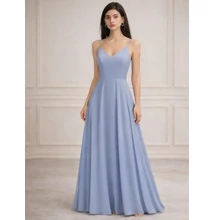 Női szürkéskék spagettipántos chiffon maxi ruha koszorúslány ruha, parti ruha, estélyi ruha 
