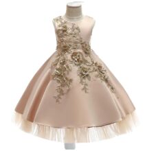 Pezsgőszínű alkalmi ruha, koszorúslány ruha virág díszítéssel 3-10 éves korig