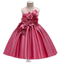 Sötét rózsaszín, mályva alkalmi ruha, koszorúslány ruha rózsa díszítéssel 2-10 éves korig