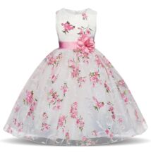 Rózsaszín-fehér virágos kislány alkalmi ruha, koszorúslány ruha 1-8 éves korig