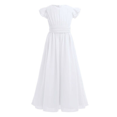 Hosszú fehér alkalmi chiffon ruha, koszorúslányruha, elsőáldozó ruha 9-14 éves