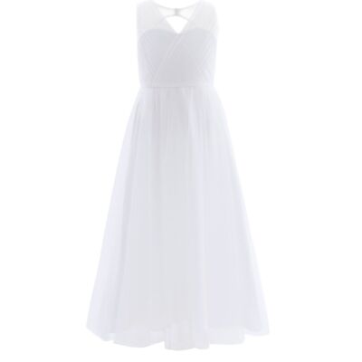 Hosszú tüllös pliszírozott fehér alkalmi ruha, koszorúslányruha, elsőáldozózó ruha 7-16 éves