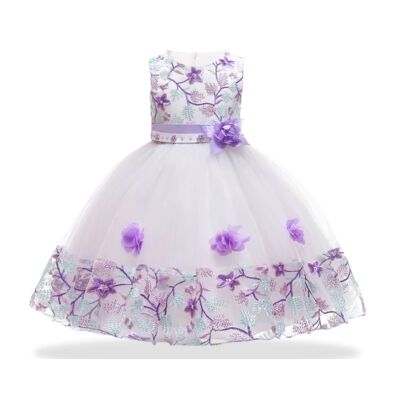 Hímzett, lila-fehér virágos kislány alkalmi ruha, szülinapra, fotózásra, koszorúslányruha 2-8 éves korig