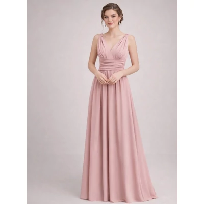 Női V kivágású mályva chiffon maxi ruha koszorúslány ruha, parti ruha, estélyi ruha 