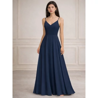 Női sötétkék spagettipántos chiffon maxi ruha koszorúslány ruha, parti ruha, estélyi ruha 