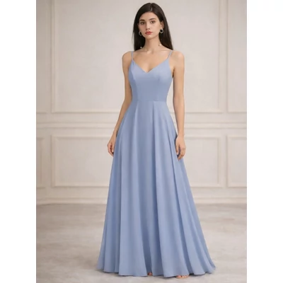 Női szürkéskék spagettipántos chiffon maxi ruha koszorúslány ruha, parti ruha, estélyi ruha 
