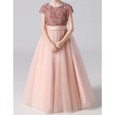 Rózsaszín csillogós flitteres, rövidujjú tüllös koszorúslány ruha, alkalmi ruha  7-10 éves 